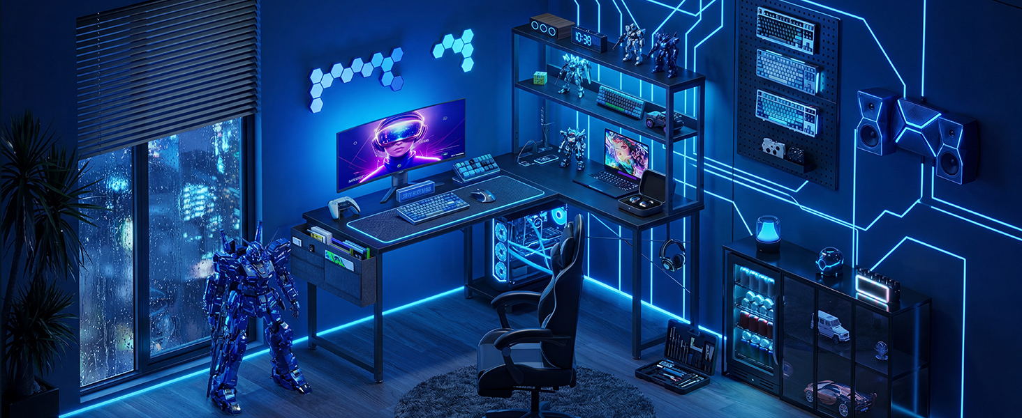Ігровий кутовий стіл ODK Gaming з LED-підсвіткою, полицею-дисплеєм та розеткою, 110×80 см, чорний — ергономічний комп'ютерний стіл з органайзером