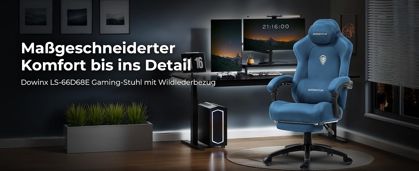 Ігровий крісло Dowinx з масажем попереку, регульованою підголівником, потовщеним сидінням, висувною підніжкою, регульованими підлокітниками, мікрофіброю велюром, нахилом 160°, блакитний колір