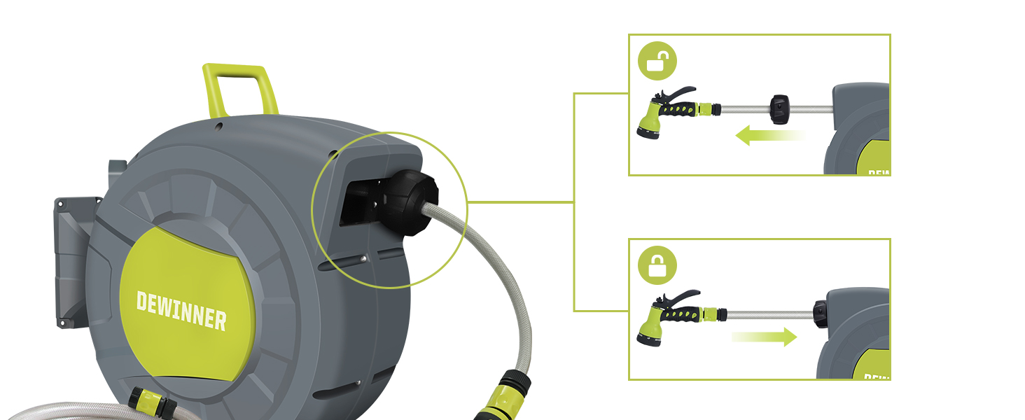 DEWINNER: барабан для садового шлангу 20 + 2 м, автоматичний, з ручною лійкою, поворотний 180°, 7 функцій, для великих садів