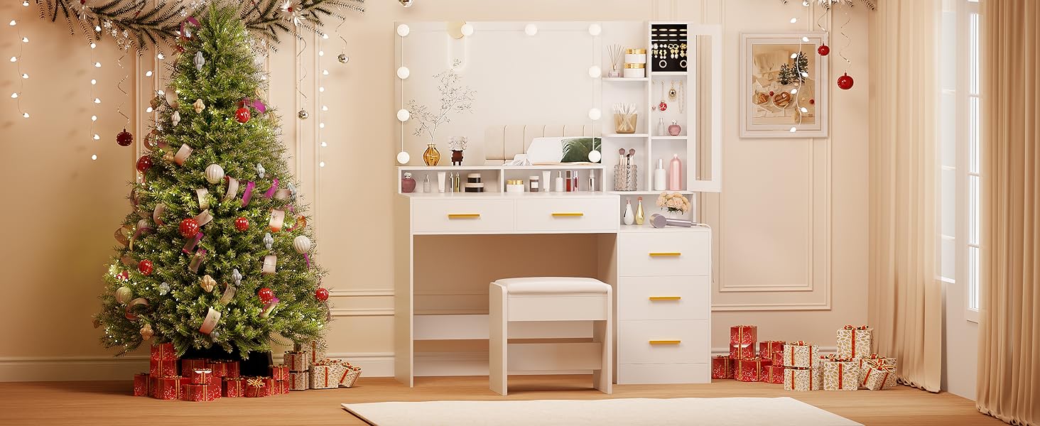 Великий туалетний столик ANWBROAD з LED-підсвічуванням (3 кольори) та розетками, білий, з дзеркалом та пуфом, 5 ящиків, скляні дверцята, 140x115x40 см, BDT68W