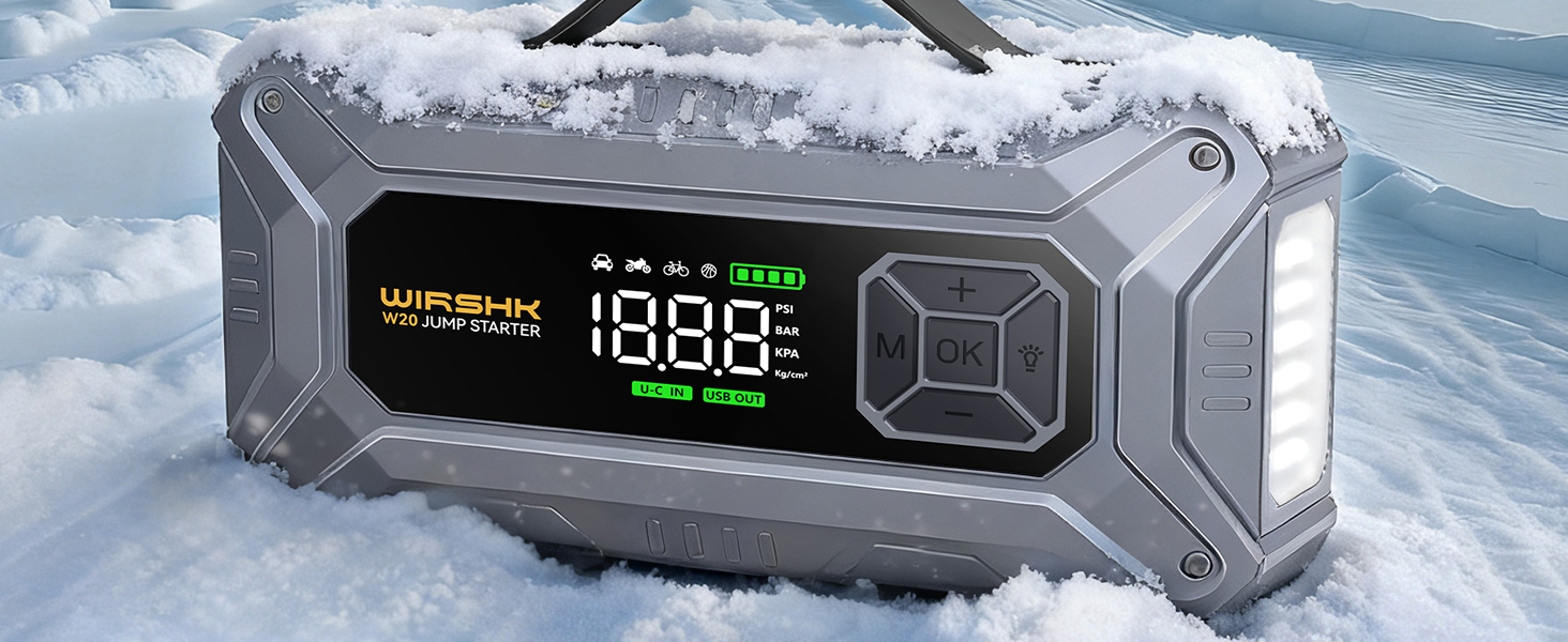 Портативний пусковий пристрій 8000A з повітряним компресором 160 PSI для бензинових та дизельних двигунів (до 10л), з дисплеєм та аварійною світлодіодною лампою