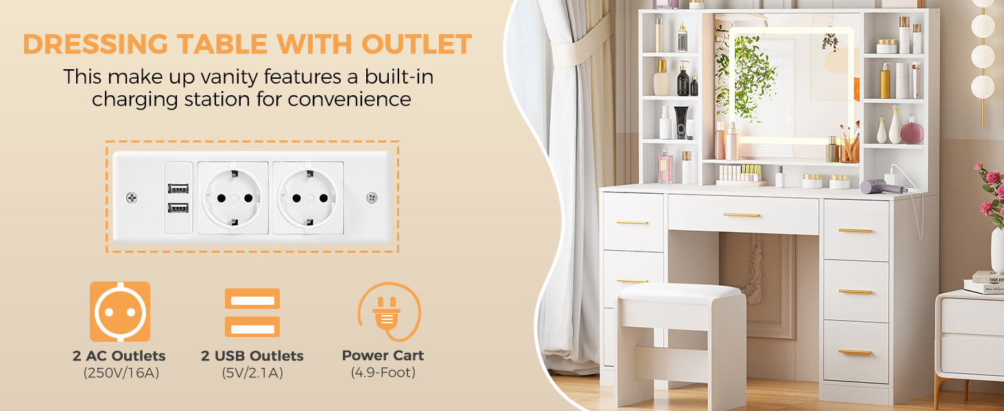 Великий туалетний столик ANWBROAD з регульованою LED-підсвіткою (3 кольори), розетками, дзеркалом та пуфом. 7 висувних ящиків, 4 полиці. Колір: білий. Розміри: 140x100x40 см.