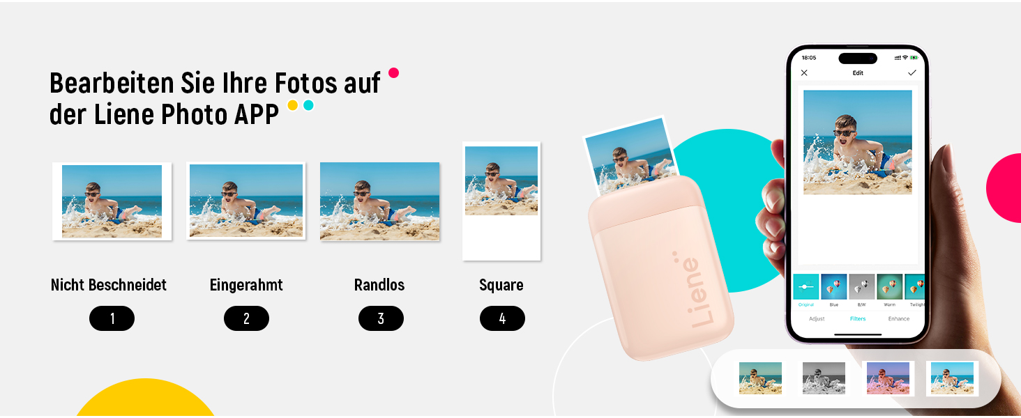 Портативний фотодрук Liene Pearl K100 з друком на Zink папері, Bluetooth 5.0, для iOS та Android, рожевий