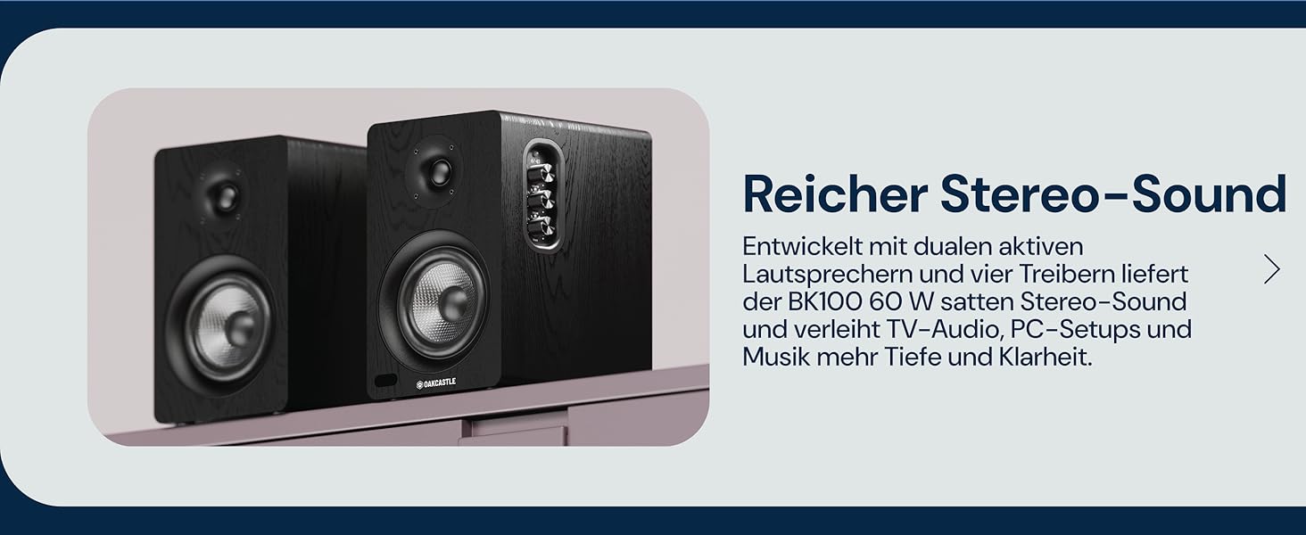 Акустична система Oakcastle BK100 Bluetooth 5.4, 60 Вт 2.0 полочні HiFi колонки для телевізора з HDMI ARC та ПК для геймінгу, з пультом керування (Чорний)