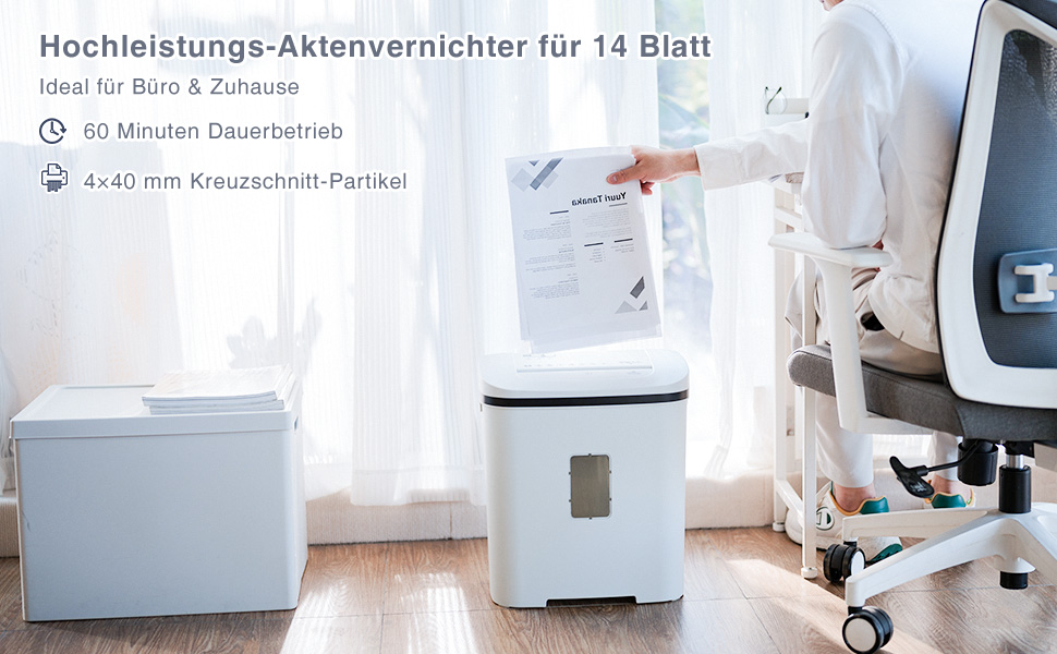 Шредер для паперу P4, 14 листів, 60 хв безперервної роботи, знищення кредитних карт та скріпок, 21л контейнер, тихий, для дому, офісу, шкіл, білий