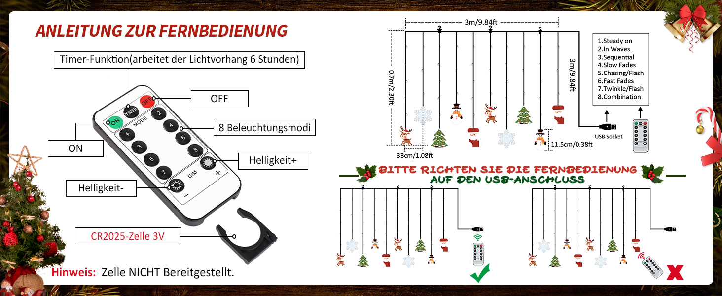 Льоново-новорічна світлодіодна штора-гірлянда Bloomwin з 3D-мотивами, 120 LED, 8 режимів, USB, тепле біле світло, для прикраси вікон та інтер'єру