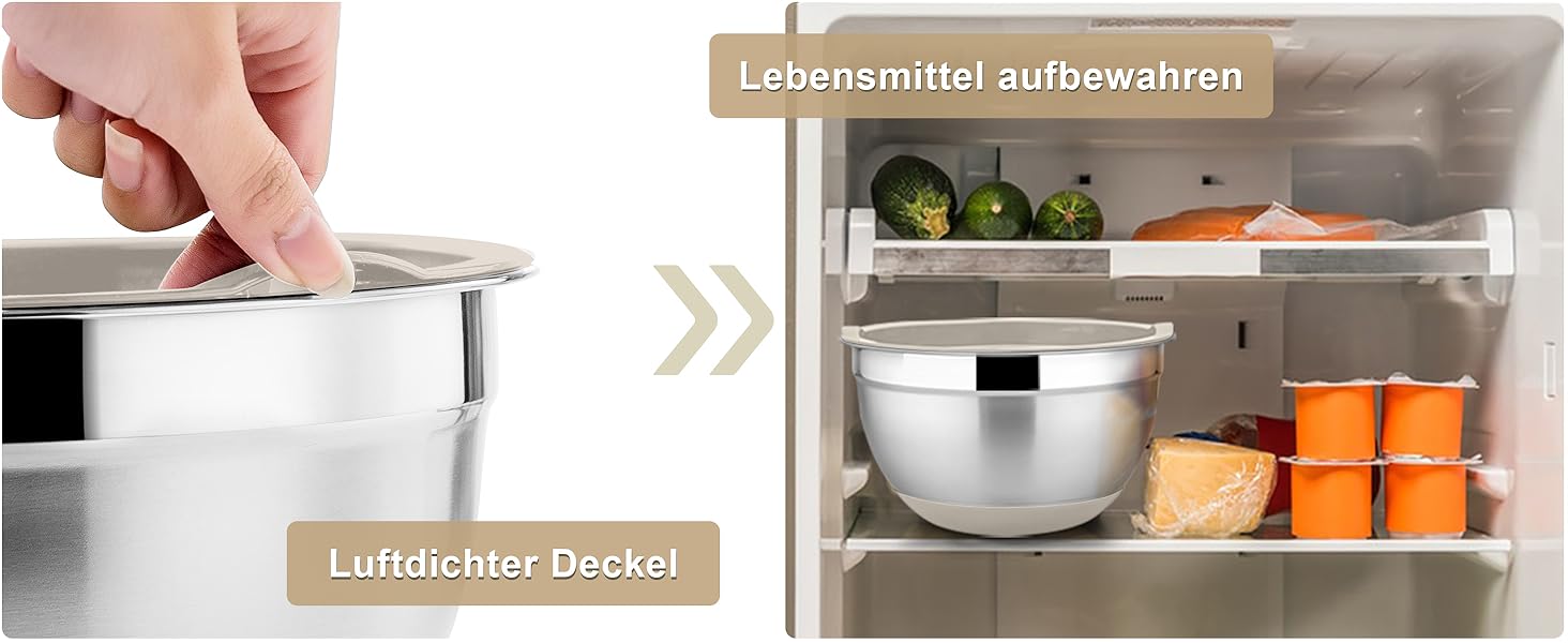 Набір мисок HaWare 6 шт. з нержавіючої сталі з кришками та набором терок, 4.6л/2.8л/2.5л/1.6л/1.2л/0.7л, з силіконовим дном, для миття в посудомийній машині