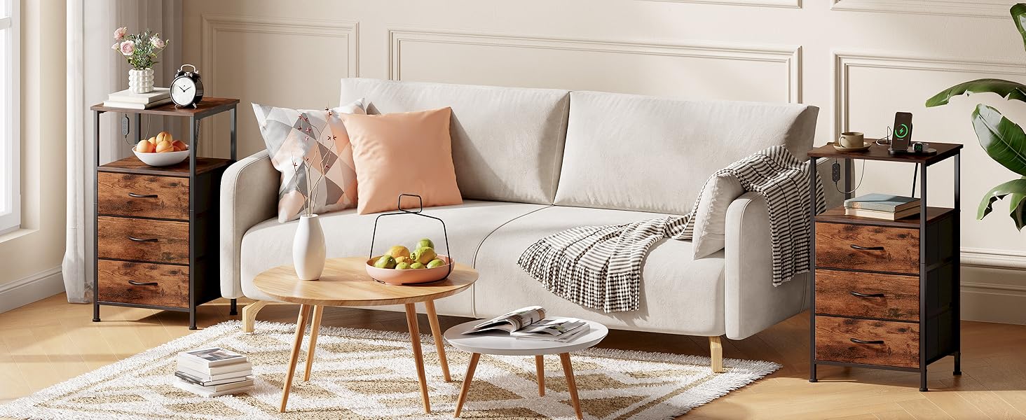 Нічний столик Somdot з підзарядкою, LED, розеткою (USB, Type-C) для спальні, вітальні, дитячої кімнати. Нічний столик, тумбочка, 30x40x60 (2 висувні ящики), деревоподібний масив, 2