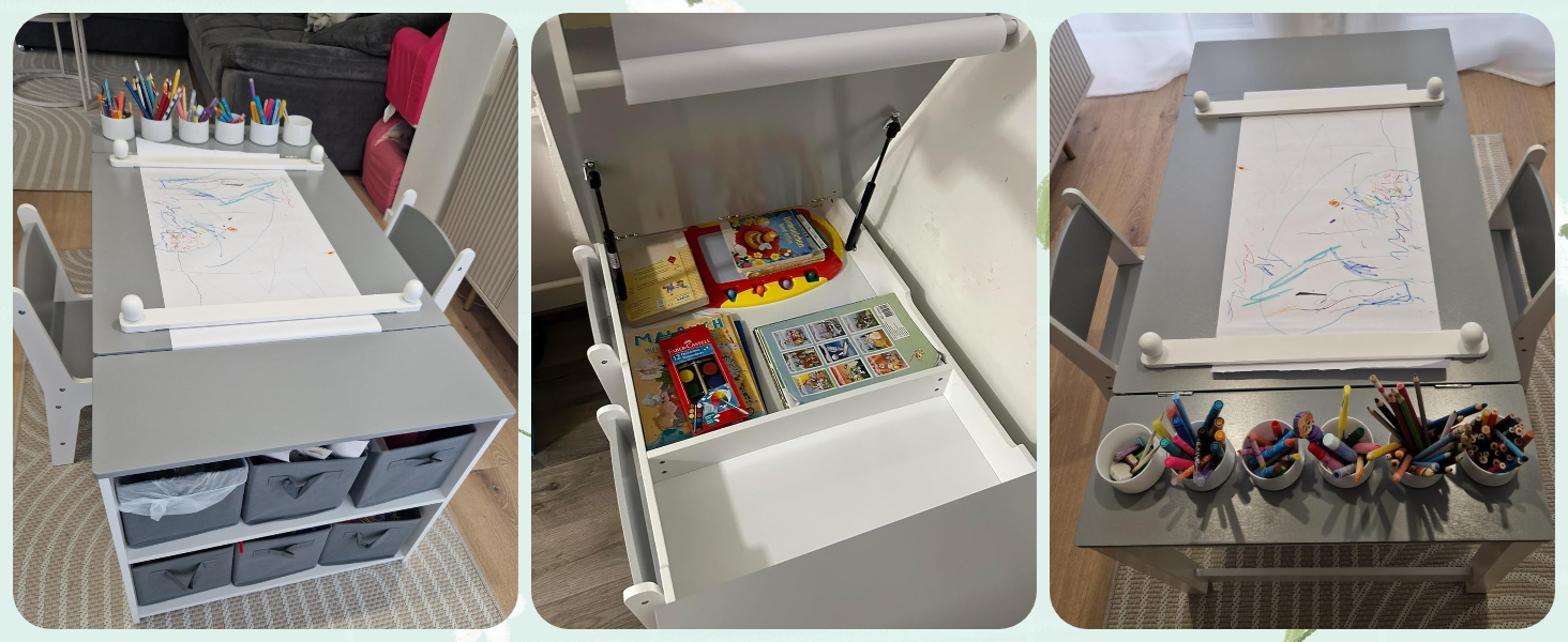 Дитячий стіл MAMIZO з 2 стільцями: дерев'яний стіл для ігор з місцем для зберігання, комплект меблів для дітей 3+ (сірий)