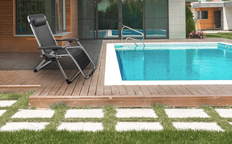 Розкішна лежанка для відпочинку: велика, складана, для саду, патіо, пляжу, басейну, з подушкою, витримує до 200 кг (чорна)