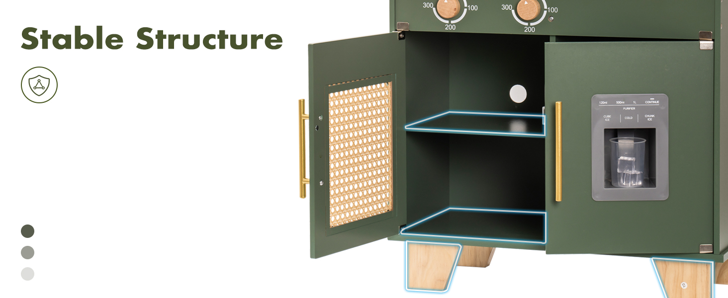 Дерев'яна дитяча кухня ROBOTIME Retro з аксесуарами, мікрохвильовка, диспенсер для льоду, шафка з ротангу, зелений колір, для дітей 3-8 років