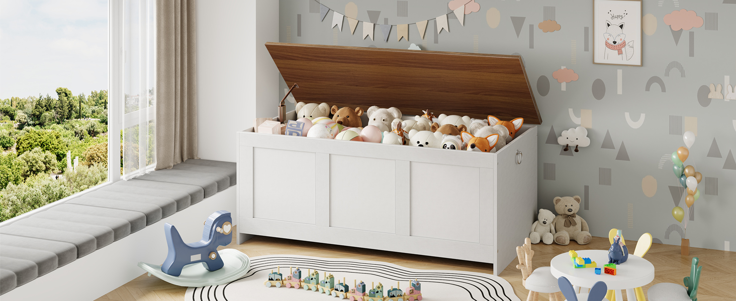 HOOBRO Лавка з ящиком для іграшок, 100 см, білий + натуральне дерево, з безпечним шарніром, для передпокою