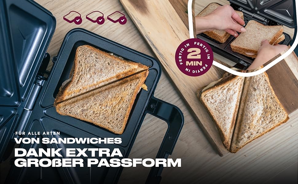 Електричний сендвічмейкер ProfiCook PC-ST 1092 для американських сендвічів XXL, антипригарне покриття, 900 Вт, сріблясто-чорний