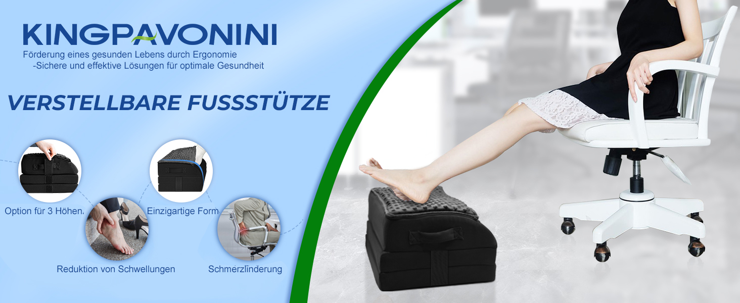 Підставка для ніг під стіл KingPavonini з гелевою піною пам'яті, 3 положення, зігріваюча сумка для ніг, підтримка спини, стегон та ніг, ергономічна підставка для офісного та геймінгового крісла (Чорний)