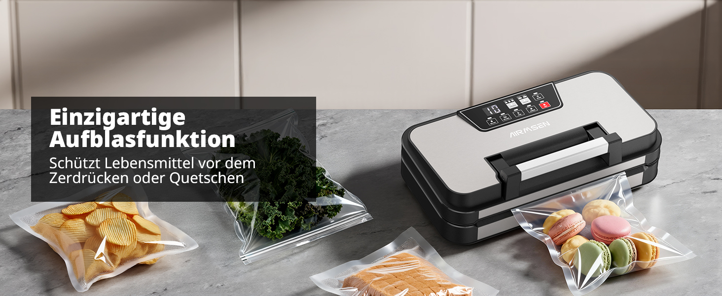 Вакууматор AIRMSEN 95 кПа з функцією підкачки, професійний вакуумулятор для сухих та вологих продуктів, 120 Вт, з відсіком для рулонів, різаком та шлангом, подвійний шва 2x3 мм