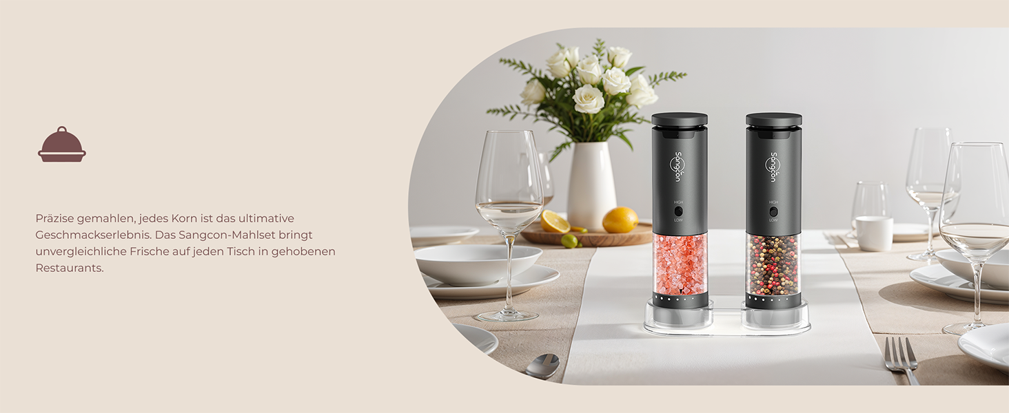 Електричні млини для солі та перцю Sangcon, 2 швидкості, акумуляторні, 6 ступенів помолу, автоматичний набір з базою, для однієї руки (сірий)