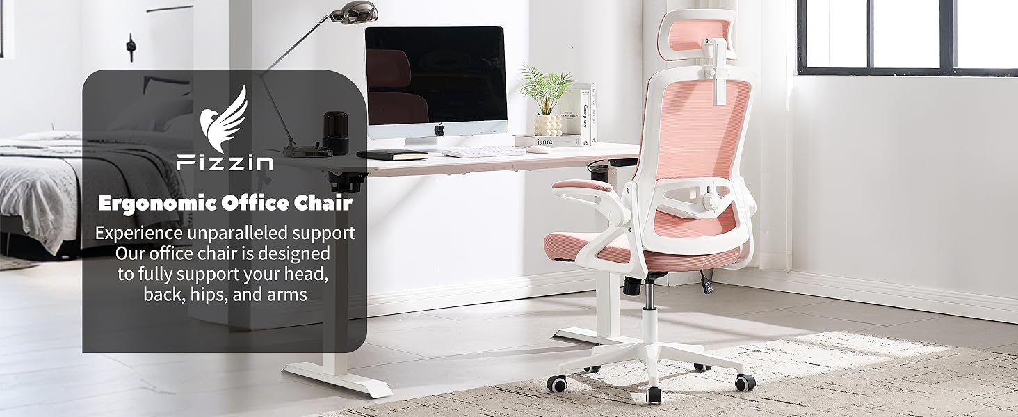 Ергономічне крісло для офісу Fizzin, комп'ютерне крісло з регульованою поперековою підтримкою, дихаюча сітчаста спинка, посилене сидіння, зручне крісло для дому та офісу (рожеве)