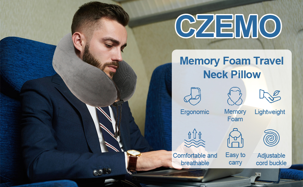 Подушка для подорожей Czemo, подушка для шиї, U-подібна подушка для шиї, Everlasting Comfort, з маскою для сну та берушами, знімний чохол, сумка для зберігання, для подорожей (сіра)