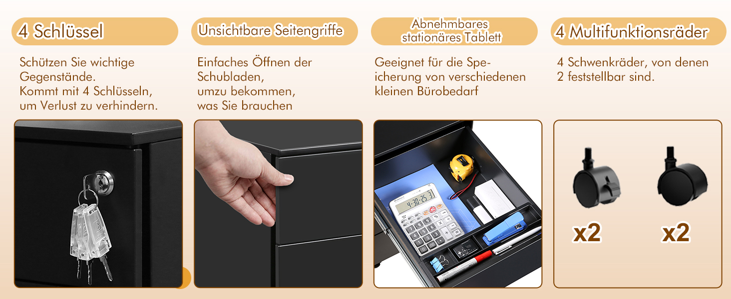 Роликовий контейнер HOMSTEEL з 3 замками, 4 шухлядами, для офісу та дому, білий (44 x 37 x 69.5 см)