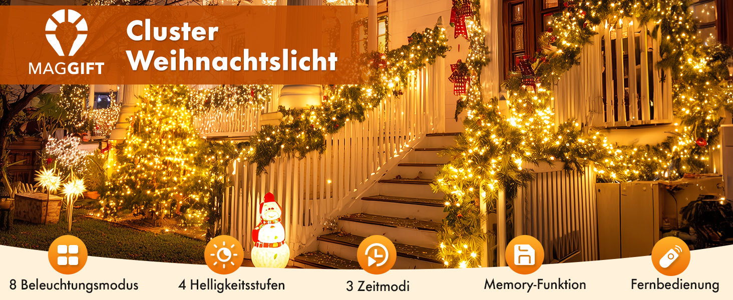 Світлодіодна гірлянда MAGGIFT Cluster 20м, 1000 LED, теплий білий колір, водонепроникна для вулиці та дому, з пультом, таймером та 8 режимами освітлення