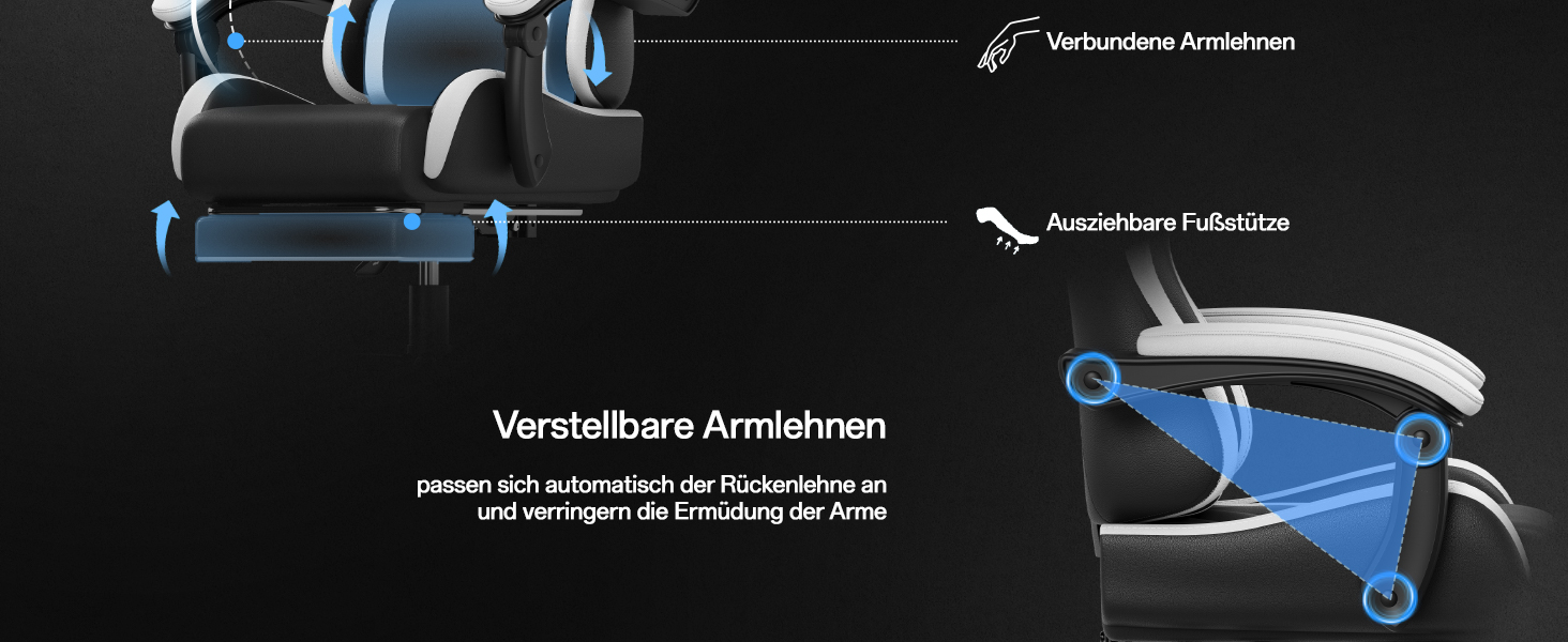 Ігровий крісло JUMMICO з масажем, ергономічний офісний стілець з підпоркою для попереку, регульована спинка 90-135°, підставка для ніг, максимальне навантаження 150 кг (білий, компактний)