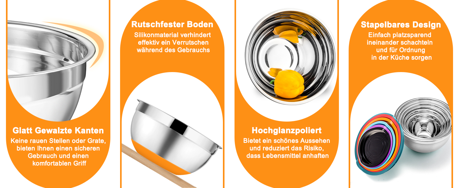 Набір мисок Onader з нержавіючої сталі: салатники з кришкою та 3 терками для кухні. Об'єм: 4л, 2.8л, 2.5л, 1л, 1.2л, 0.7л. Складається з 6 мисок, можна складати та мити в посудомийній машині.