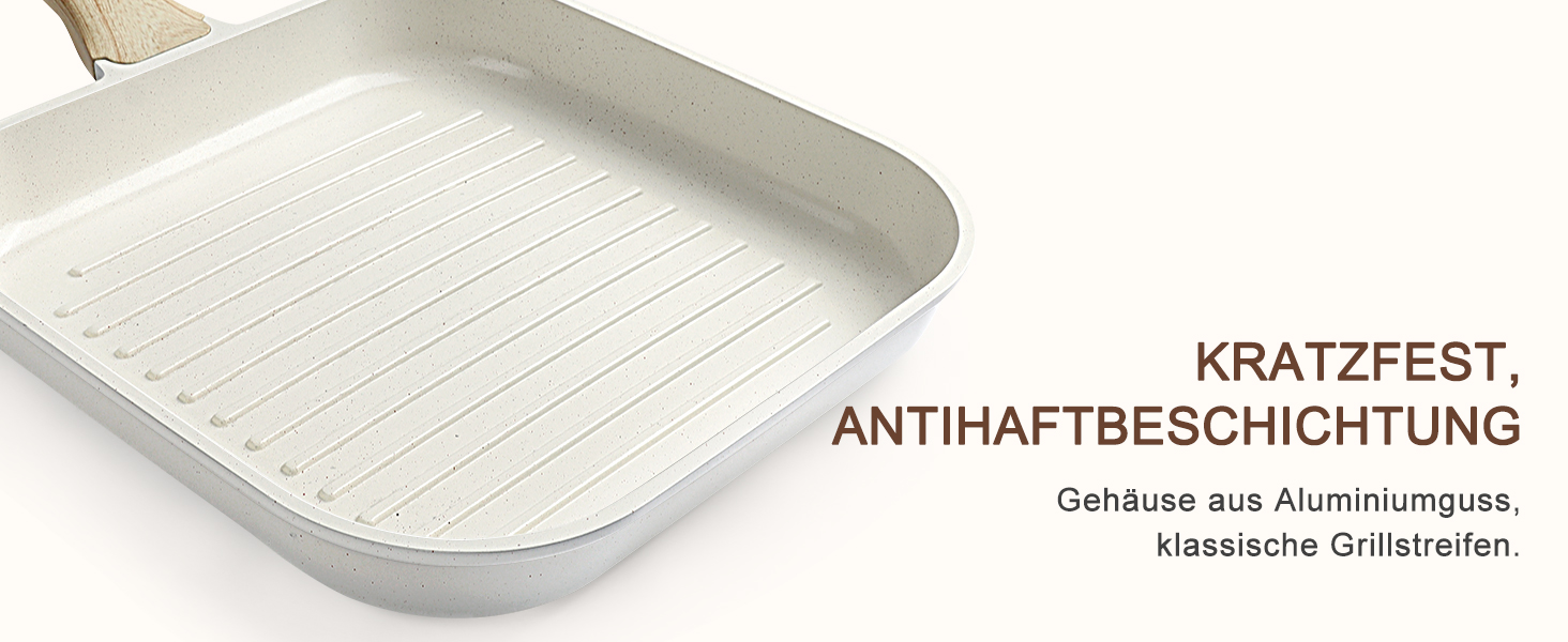 Сковорода-гриль GiPP 28x28 см, для стейків, індукційна, з алюмінію з гранітною антипригарним покриттям, без PFOA, для всіх типів плит, легко миється, біла