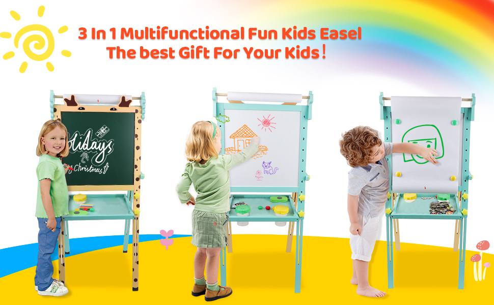 Дитячий мольберт Kinder с паперовою рулеткою, двосторонній, регульований по висоті, дошка для малювання маркерами та крейдою, мольберт для стоячи з цифрами та аксесуарами, мольберт для малювання для малюків, хлопчиків та дівчаток