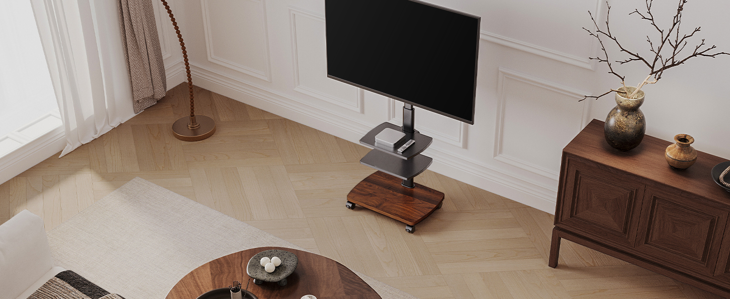 Підставка для телевізора мобільна з поличками Holzablage 32-65 дюйми, чорний/вінтажний коричневий, до 40 кг, VESA 400x400