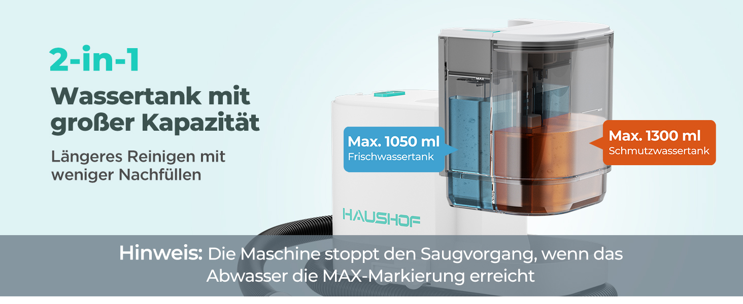 Портативний мийний пилосос для килимів та м'яких меблів HAUSHOF, 13 kPa, 2-в-1, тихий (≤77 dB)
