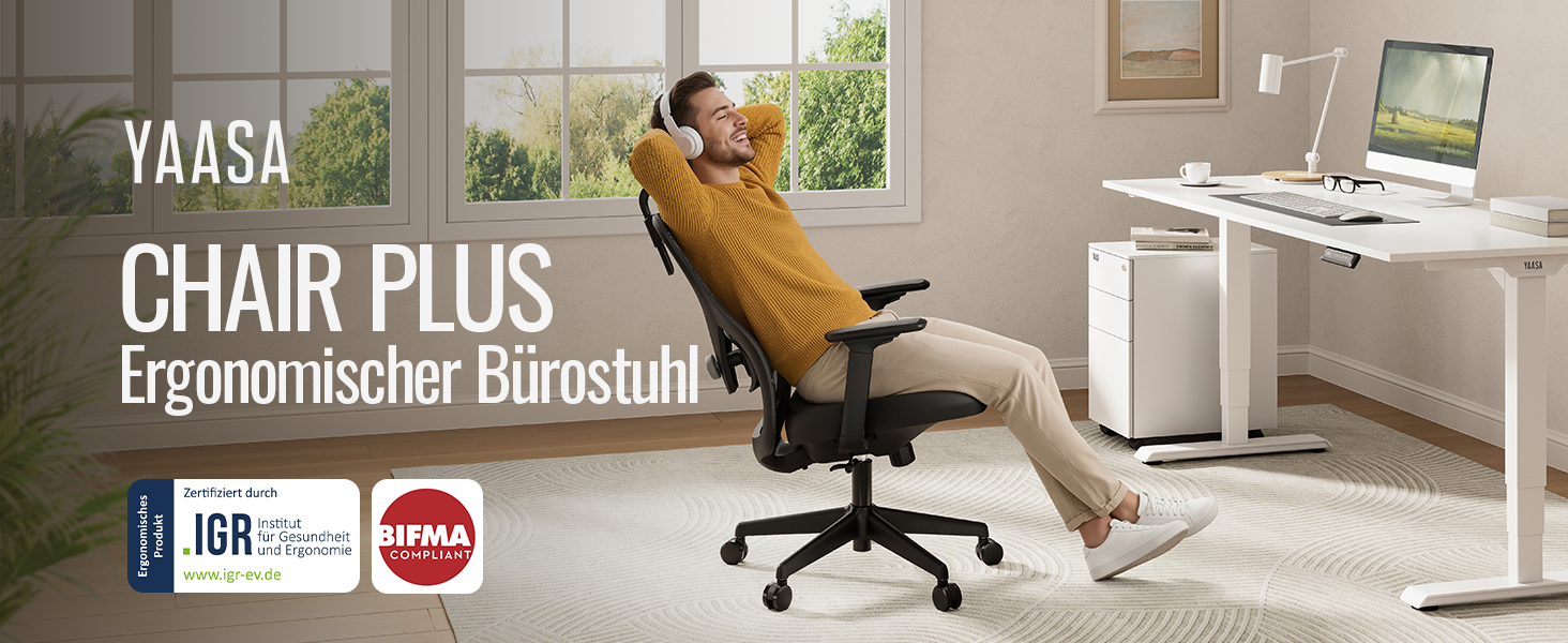 Yaasa Chair Plus: Ергономічне офісне крісло з підголівником, 2D-підтримкою попереку та 4D-підлокітниками. Переможець тесту! Чорний, до 150 кг.