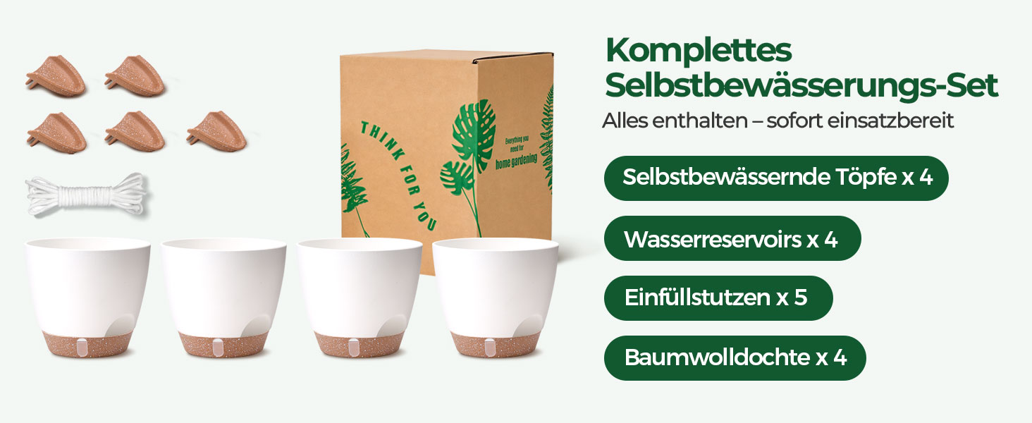 Набір з 4 самополивних горщиків для квітів T4U з індикатором рівня води, легкий у догляді, великий розмір (15 см, білий)