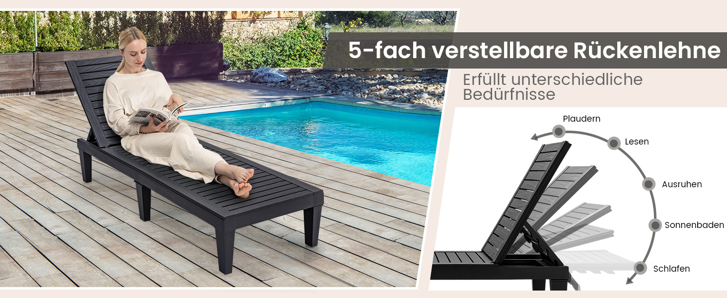 Лежак для відпочинку Giantex для саду та тераси, чорний, з регульованою спинкою, 190x57,5x29 см, до 180 кг