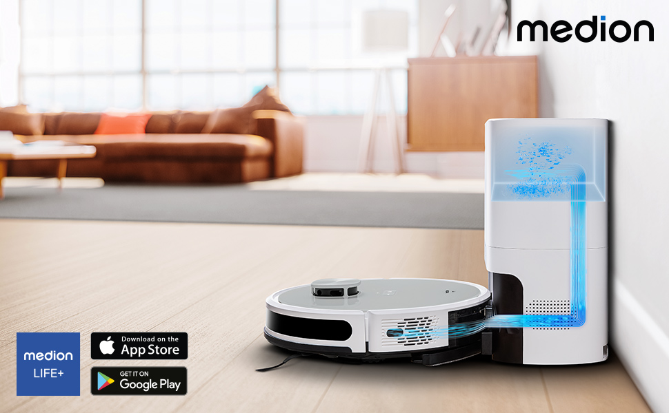 Робот-пилосос MEDION X21 SW з автомийкою та стацією самоочищення (лазерна навігація, потужність всмоктування 3000Pa, 2-в-1, створення точних карт, зони заборони, для кількох поверхів)