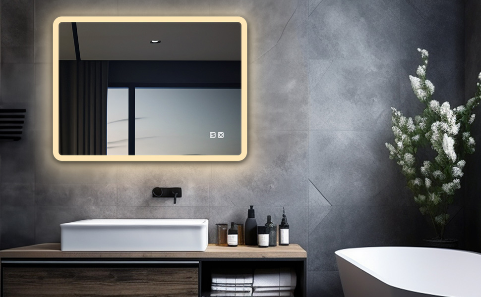 LED дзеркало для ванної кімнати з підсвічуванням 100x60 см, сенсорне регулювання, антизапар, 3 кольори світла, для ванної, туалету, коридору