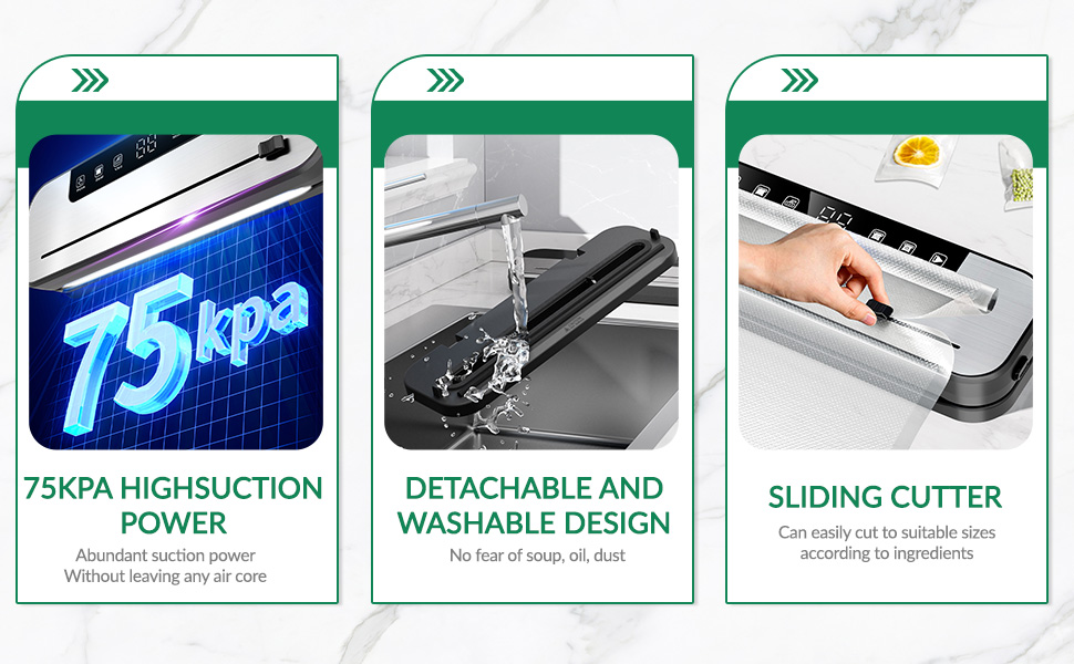 Вакууматор для продуктів 6-в-1, професійний автоматичний вакуумний пакувальник з різаком, цифровим таймером та набором з 50 пакетів і шланга, 75КПа
