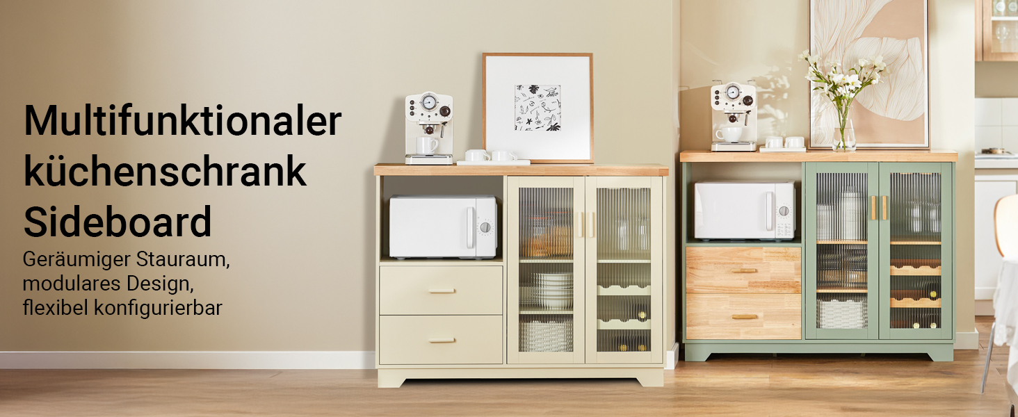 Буфет-комод SoBuy з скляними дверцятами, шухлядами та робочою поверхнею 120 см, нішею для мікрохвильової печі та полицею для вина. Кухняні меблі для вітальні та їдальні. Колір: зелений, розмір: 120x90x40 см