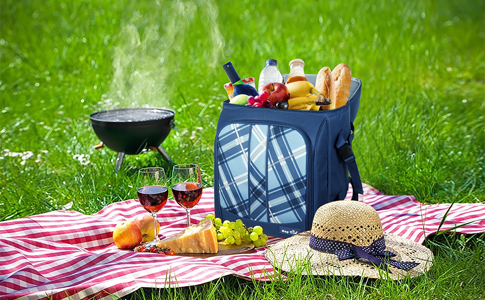 Набір для пікніка Hap Tim на 2 особи з ізольованим холодильником, тримачем для вина, флісовою ковдрою та столовим прибором (EU-36083-BL), світло-блакитний