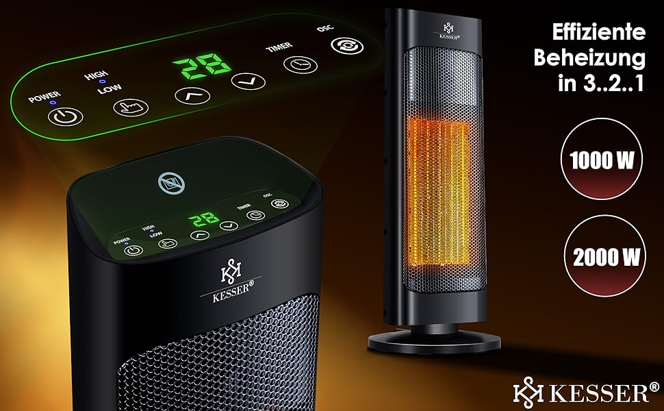 Обігрівач KESSER® 2000W з пульт дистанційного керування, керамічний, тихий, з осциляцією, таймером, 15-30°C, чорний