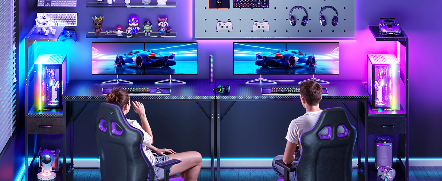 Ігровий стіл Coleshome з LED-підсвічуванням 120x48 см, з ящиками та полицею, обертовий, з тримачем для навушників, карбонове волокно чорного кольору