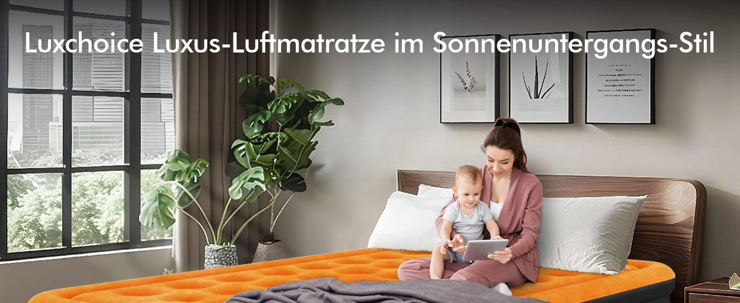 Надувне ліжко Luxchoice з електричним насосом для 2 осіб (205x155x38 см) - Dark Orange