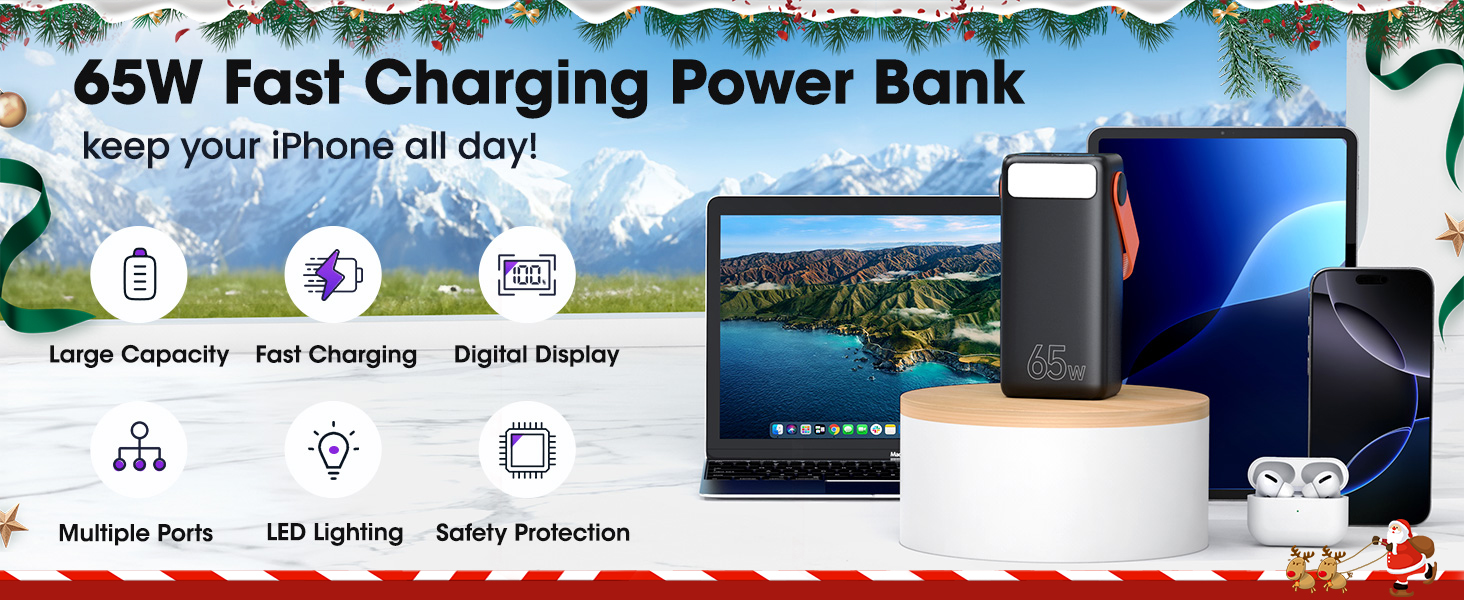 Power Bank 60000mAh 65W з 3 виходами USB-C: портативний зарядний акумулятор для ноутбука, смартфона, планшета (чорний)