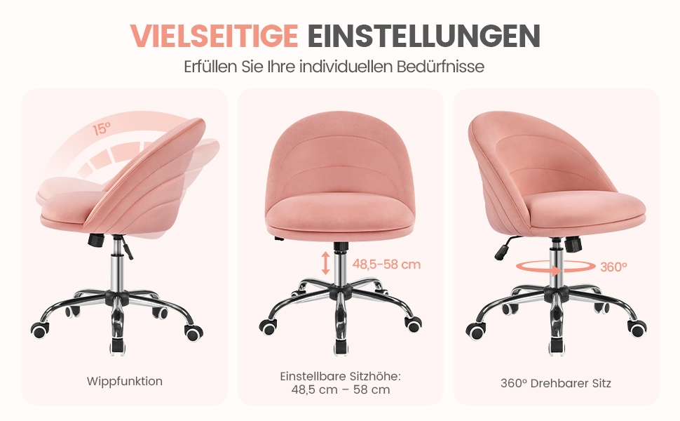 Крісло Yaheetech для дому та офісу: регульоване, обтягнуте велюром, з поворотним механізмом, до 136 кг, білий/рожевий