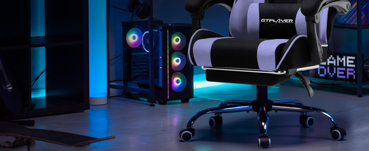 Ігровий крісло GTPLAYER з масажем, ергономічний, з підніжкою та підголівником, білий (фіолетовий, тканина)