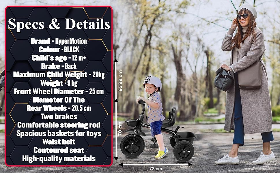 Триколісний велосипед дитячий Tobi Vector з ручкою для батьків, ременями безпеки, зручним сидінням, широкими колесами, чорний