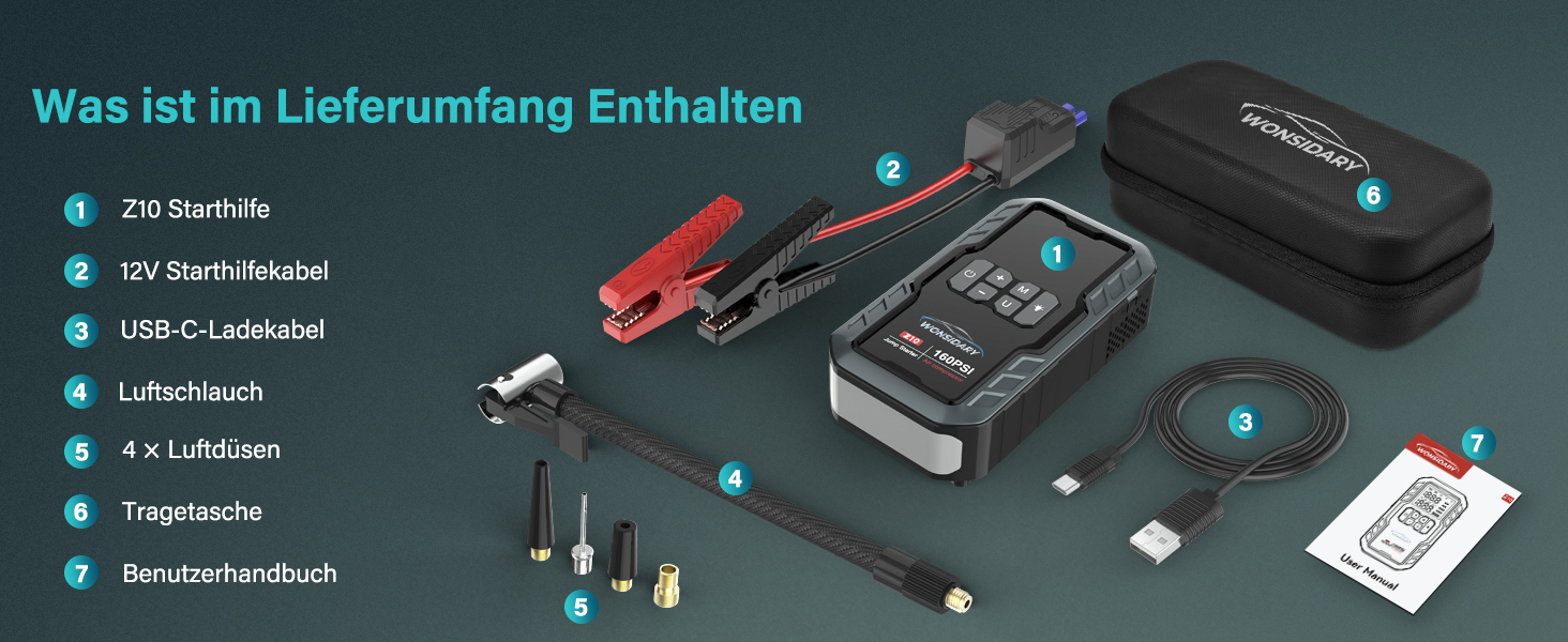 Powerbank Starthilfe 7000A для автомобіля: 27000 mAh, 160 PSI, компресор, LED-ліхтарик, для 12V бензинових та дизельних двигунів (до 8.0L)