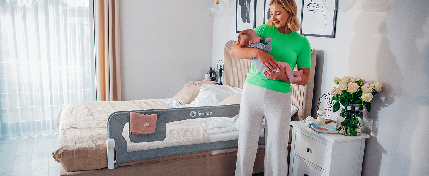 Бортик для ліжка Lionelo Eva захисний, 150 см, бежевий - сітка, складаний (180°), легкий монтаж