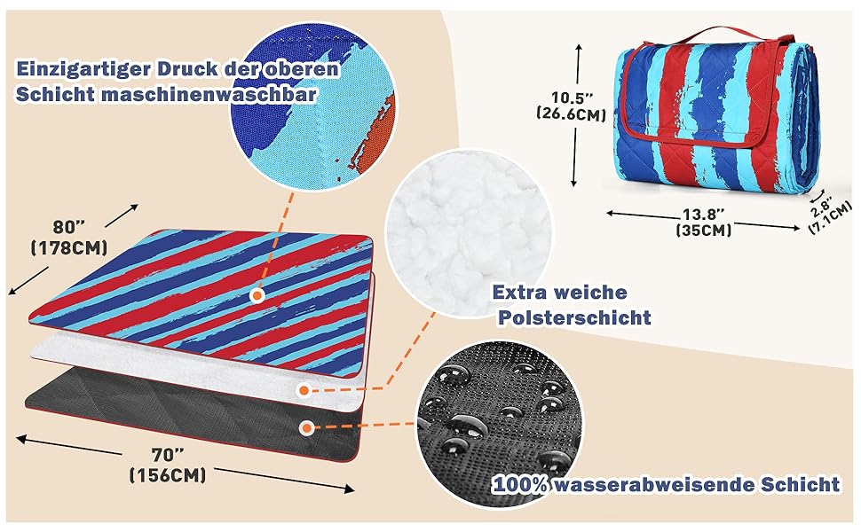 Ковдра для кемпінгу Kato Tirrinia, водонепроникна, Вулична ковдра, Дорожня ковдра для сну в хатині, пісочно-щільне тепле ковдру для пікніка, флісовий килимок для кемпінгу, активного відпочинку, пікніків, подорожей, пляжів, собак і домашнього використання (в смужку, 200 x 180 см)