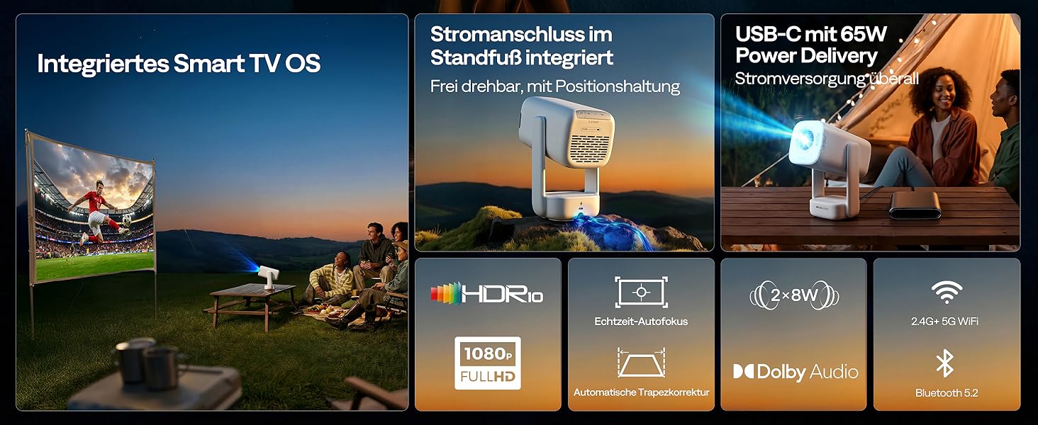Проектор Aurzen D1 Air Smart: 1080P, 4K, HDR10, Dolby Audio, Netflix, USB-C, Автофокус, Компактний