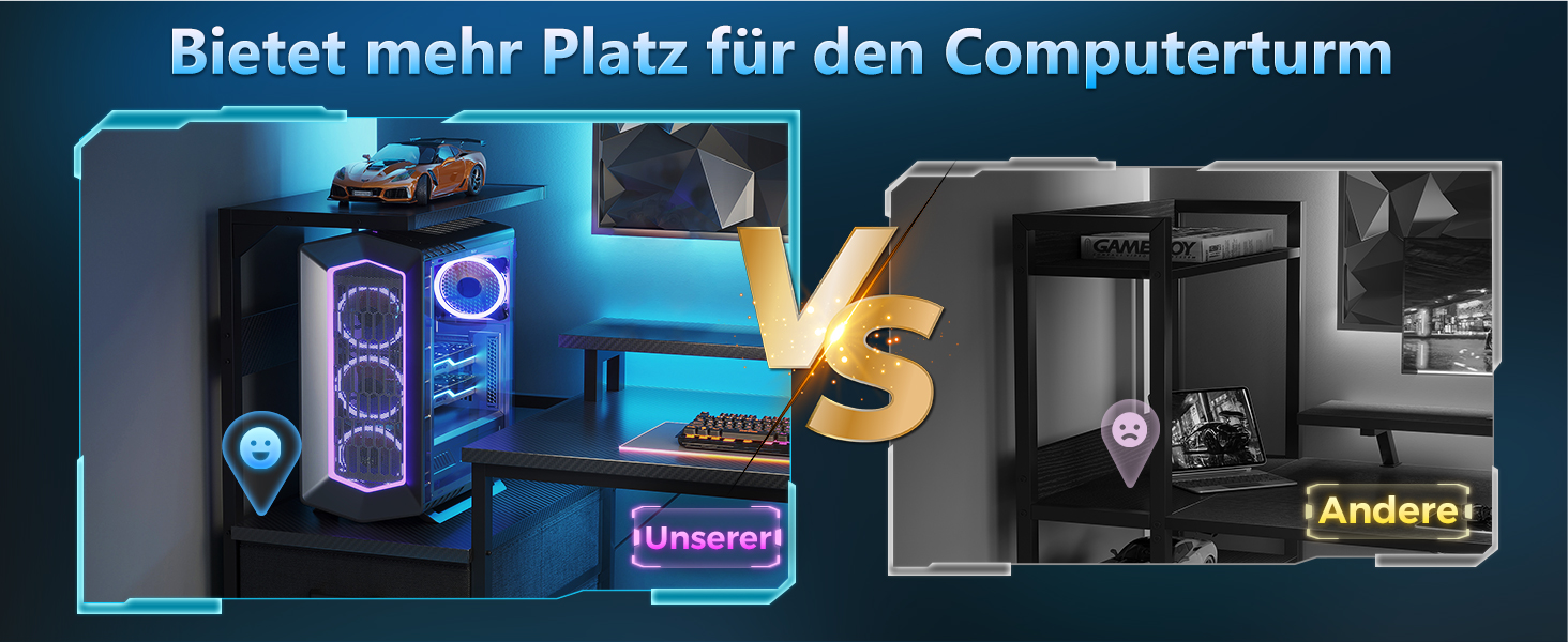 Ігровий стіл Coleshome з ящиками, 151x50 см, LED-підсвічуванням та розеткою, стіл для комп'ютера з полицями та підставкою для монітора, карбон, чорний